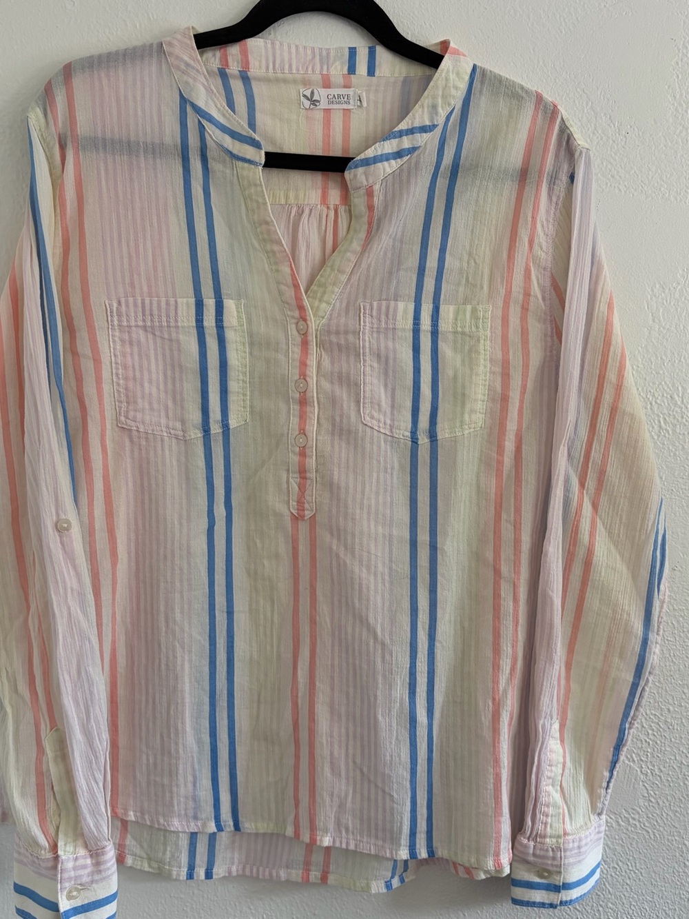 Carve Designs Dylan Gauze Striped Button Henley in Blue, Pink, Cream